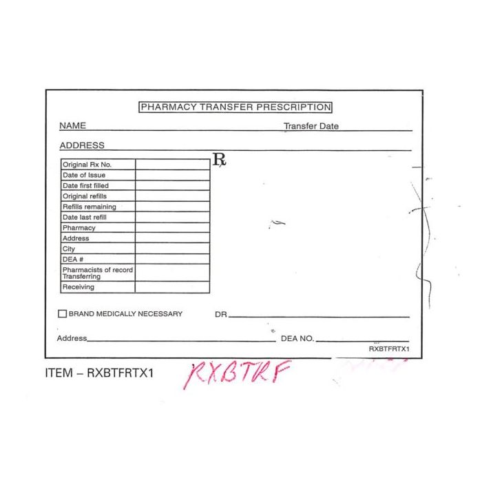 PRESCRIPTION BLANK - PHARMACY TRANSFER - 4 X 5 - RXBTRF