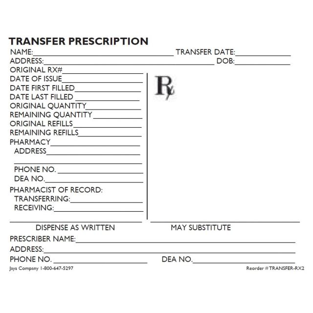 INDIANA RX TRANSFER FORMS 4-1/4 X 5-1/2 - TRANSFER-RX2