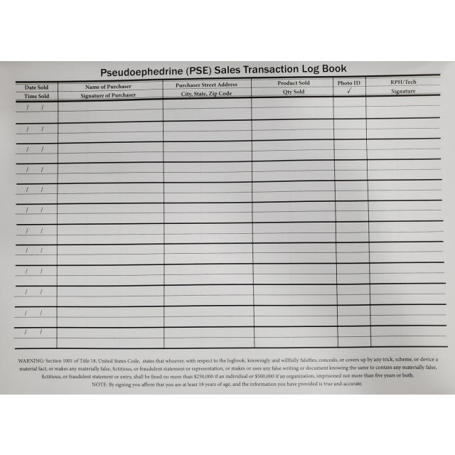 PSEUDOEPHEDRINE PRODUCT REGISTER - LOG BOOK - JREGPS06