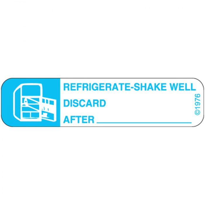WARNING LABEL - 1-9/16 X 3/8 - REFRIGERATE SHAKE WELL - 12X