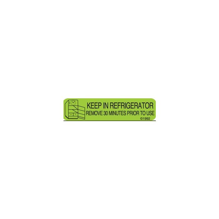 WARNING LABEL 1-9/16 X 3/8 KEEP IN REFRIGERATOR REMOVE 30 MINUTES PRIOR TO USE