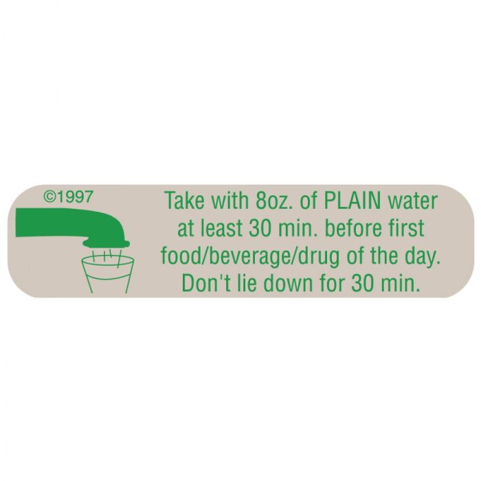 WARNING LABEL - 1-9/16 X 3/8 - TAKE WITH 8 OZ OF PLAIN WATER AT LEAST 30 MIN - 1689