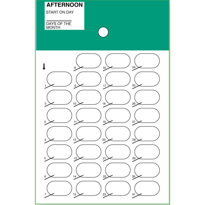 CARD - 31 DAY HEAT SEAL - CALENDAR MEALTIME - AFTERNOON - 500/CASE - J300-44