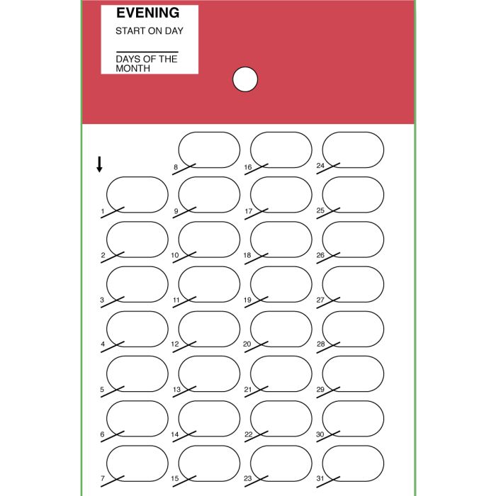 CARD - 31 DAY HEAT SEAL - CALENDAR MEALTIME - EVENING - 500/CASE - J300-45