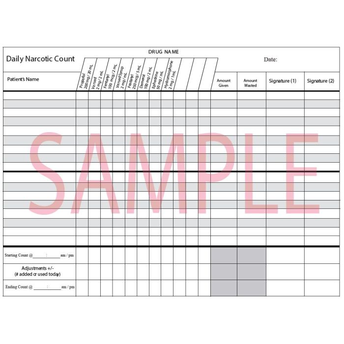 NARCOTIC RECORD BOOK - DAILY - W/LISTED DRUG NAMES - LDN1 - NARC-LDN1