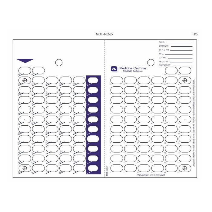 CARD - 62 DAY SINGLE DOSE HEAT SEAL - BLUE - 500/CASE - MOT-162-27-J
