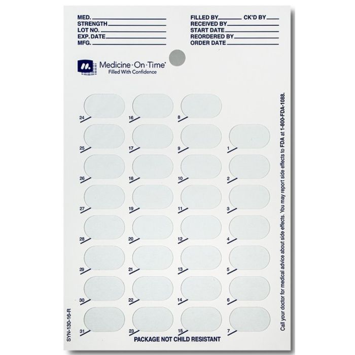 CARD - 31 DAY SINGLE DOSE - CALENDAR - SYNMED-BACK - 500/CASE - SYN130-16-R-J