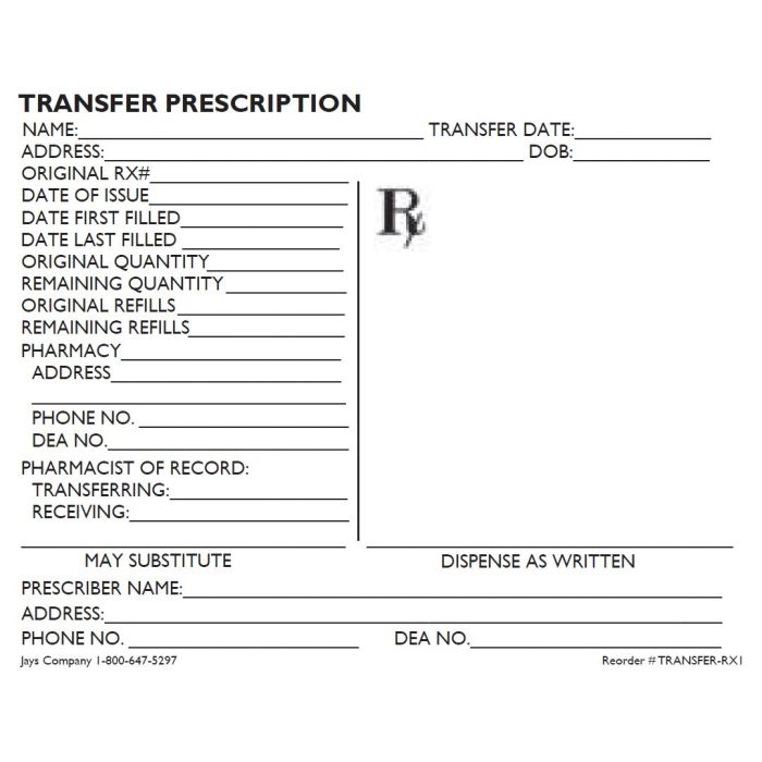 FORM - RX TRANSFER - 4-1/4 X 5-1/2 - TRANSFER-RX1