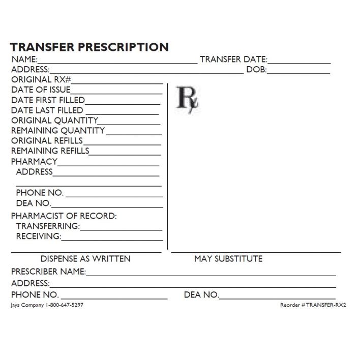 FORM - RX TRANSFER - 4-1/4 X 5-1/2 - INDIANA - TRANSFER-RX2