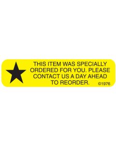 WARNING LABEL - 1-9/16 X 3/8 - THIS ITEM WAS SPECIALLY ORDERED FOR YOU - 165