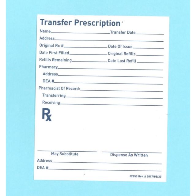 RX TRANSFER PRESCRIPTION FORM - 5 X 4 - AP52953