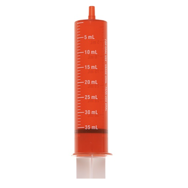 ORAL SYRINGE 35ML- AMBER W/WHITE MARKINGS W/TIP CAP