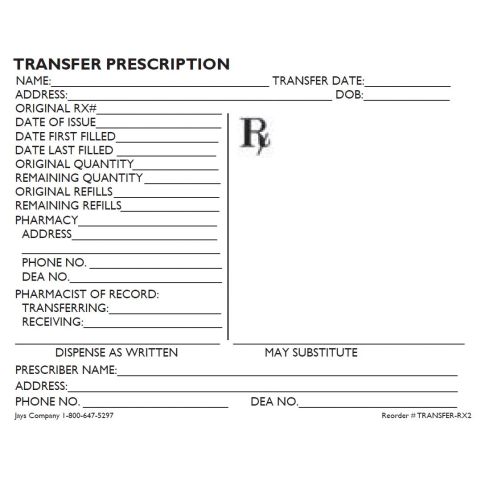 RX TRANSFER FORMS 4-1/4 X 5-1/2 100/PAD - 5 PADS PER PACK