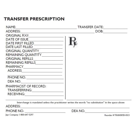 MASSACHUSETTS RX TRANSFER FORMS 10 PADS/PACK